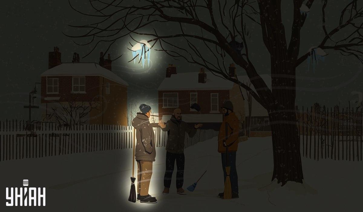 Један од домара стајао је испод леденица које су висиле на дрвету / колаж УНИАН